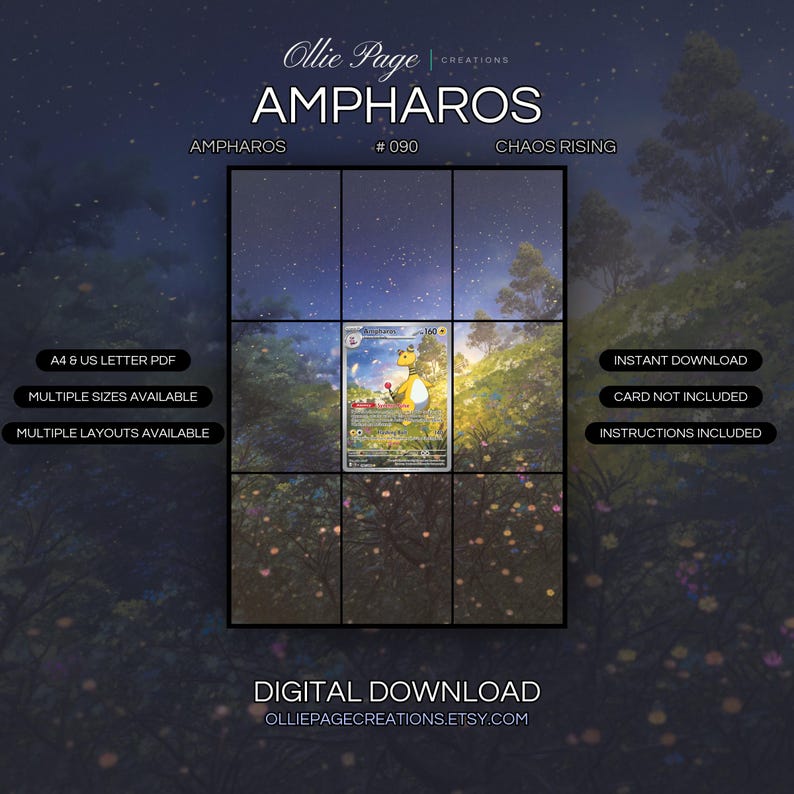 Ampharos 090/086 extended art binder page in a Enchanted twilight meadow with vibrant wildflowers, towering trees, starlit sky, and magical glowing particles creating a dreamy, ethereal atmosphere., printable 9-pocket TCG display insert by Ollie Page