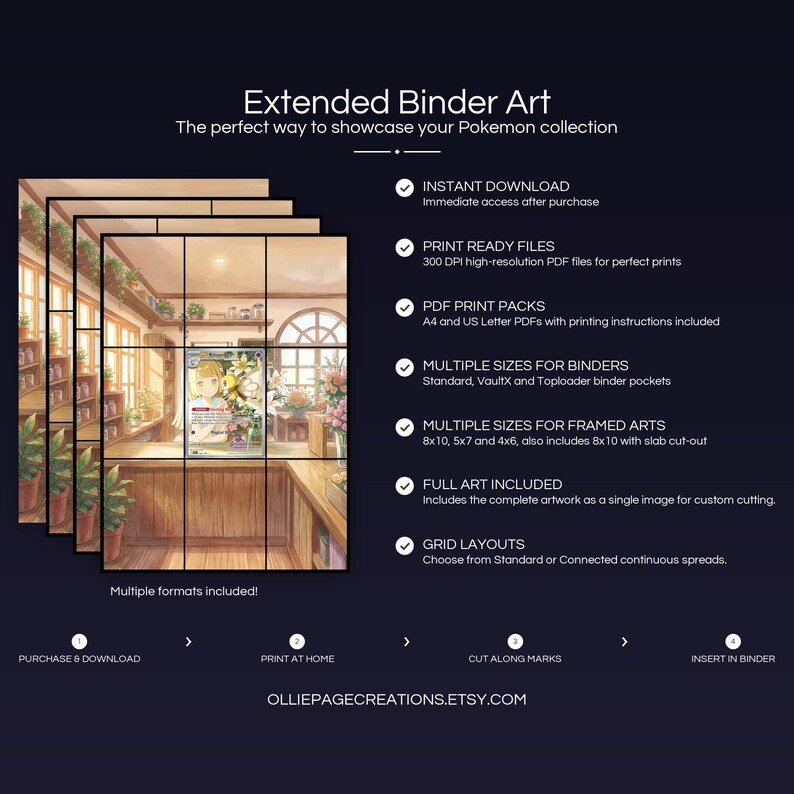 Collector bundle feature overview for Lillie's Ribombee extended binder art — binder page grids plus 8x10, 5x7, 4x6 and PSA-style framed prints, 300 DPI instant digital download