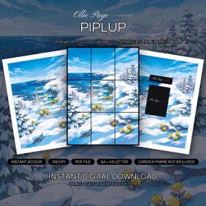Piplup 098/094 collector bundle — extended binder page plus 8x10 full-art and PSA framed prints in a Serene snowy mountain landscape with frost-covered evergreen trees, golden flowers, sparkling blue ocean, and bright blue sky with wispy clouds., printable digital download by Ollie Page Creations