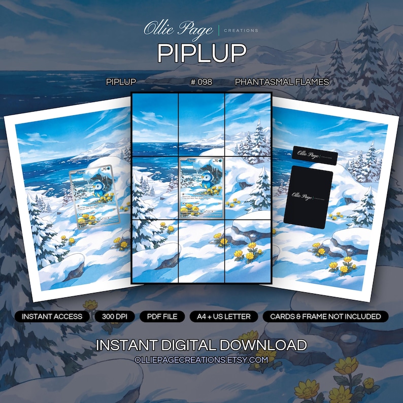 Piplup 098/094 collector bundle — extended binder page plus 8x10 full-art and PSA framed prints in a Serene snowy mountain landscape with frost-covered evergreen trees, golden flowers, sparkling blue ocean, and bright blue sky with wispy clouds., printable digital download by Ollie Page Creations
