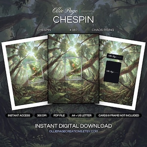 Chespin 087/086 collector bundle — extended binder page plus 8x10 full-art and PSA framed prints in a Lush forest canopy with towering trees