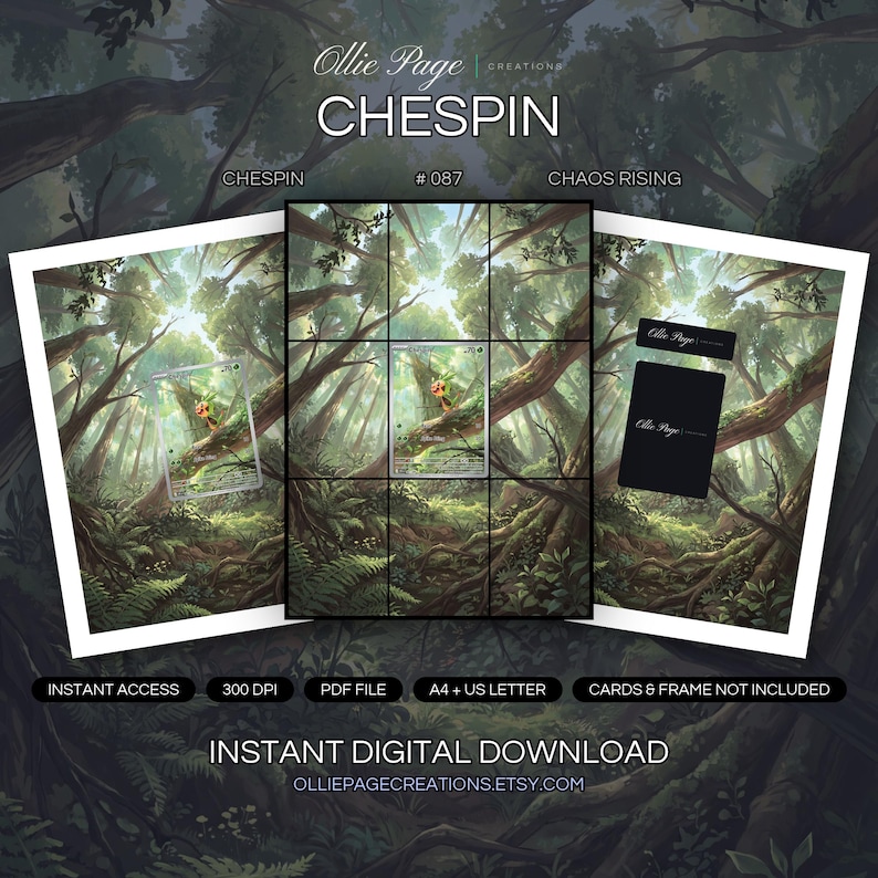 Chespin 087/086 collector bundle — extended binder page plus 8x10 full-art and PSA framed prints in a Lush forest canopy with towering trees