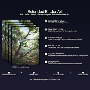 Product feature overview for Vibrava extended binder art — 300 DPI print-ready files, multiple sizes and grid layouts, instant digital download