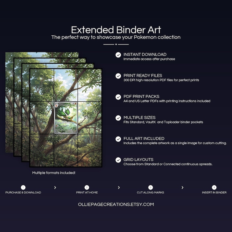 Product feature overview for Vibrava extended binder art — 300 DPI print-ready files, multiple sizes and grid layouts, instant digital download