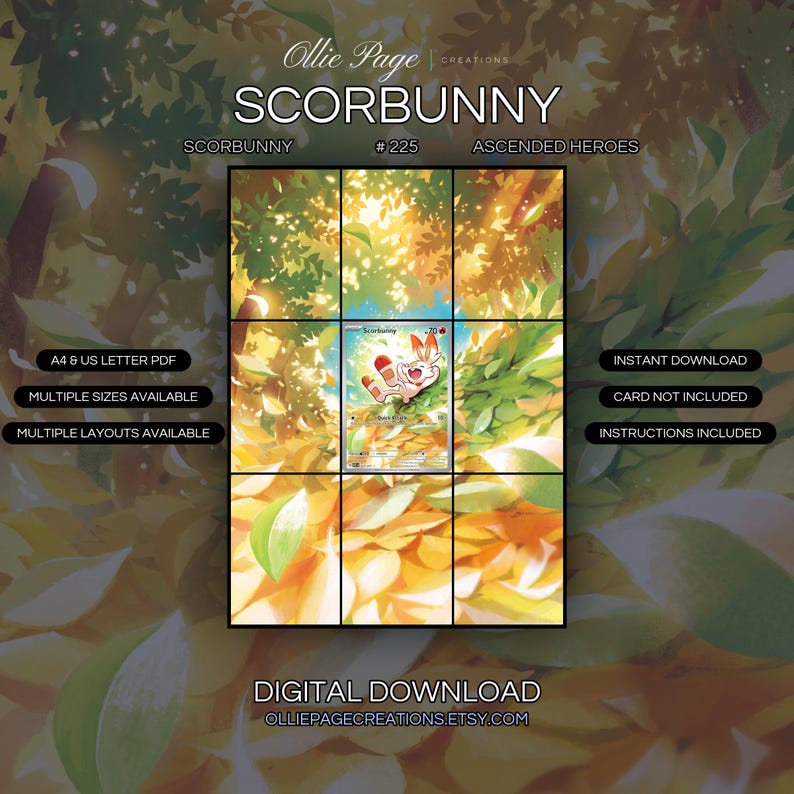 Scorbunny 225/217 extended art binder page in a Vibrant autumn foliage canopy with golden sunlight filtering through layered leaves