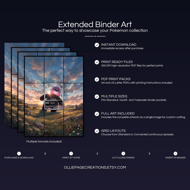 Product feature overview for Bewear extended binder art — 300 DPI print-ready files, multiple sizes and grid layouts, instant digital download