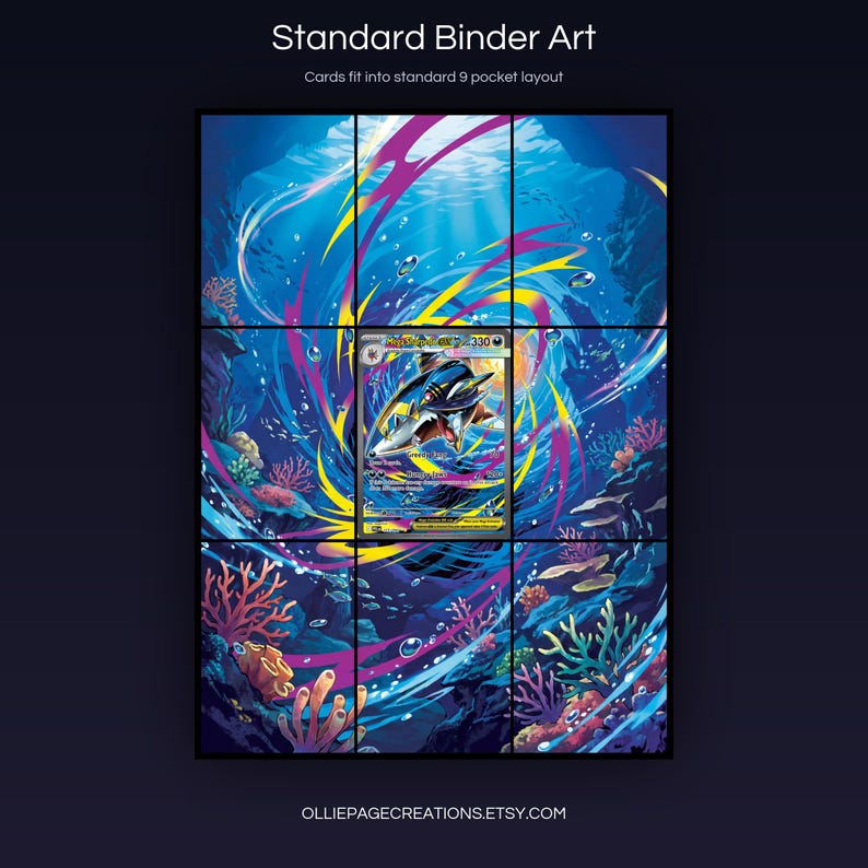 Mega Sharpedo EX 127/094 extended art 3x3 grid layout, full 9-pocket binder page display printable, Phantasmal Flames collector insert