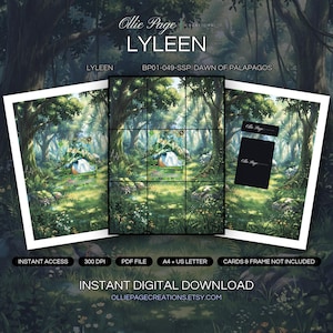 Lyleen BP01-049-SSP collector bundle — extended binder page plus 8x10 full-art and PSA framed prints in a Lush enchanted forest with towering trees, dappled sunlight filtering through green canopy, wildflowers dotting verdant meadow, misty atmospheric woodland clearing., printable digital download by Ollie Page Creations