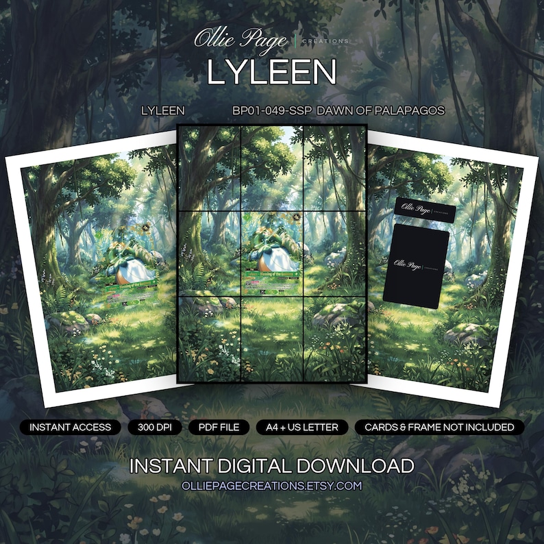 Lyleen BP01-049-SSP collector bundle — extended binder page plus 8x10 full-art and PSA framed prints in a Lush enchanted forest with towering trees, dappled sunlight filtering through green canopy, wildflowers dotting verdant meadow, misty atmospheric woodland clearing., printable digital download by Ollie Page Creations