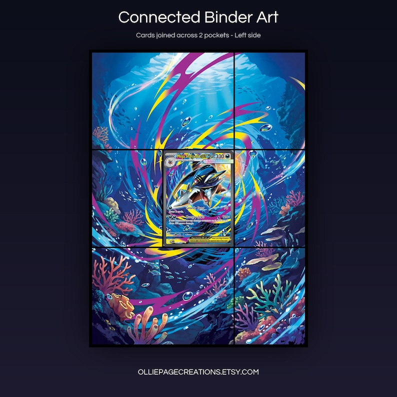 Mega Sharpedo EX 127/094 connected binder art joining across two pockets, left side, printable extended card display for 9-pocket binders