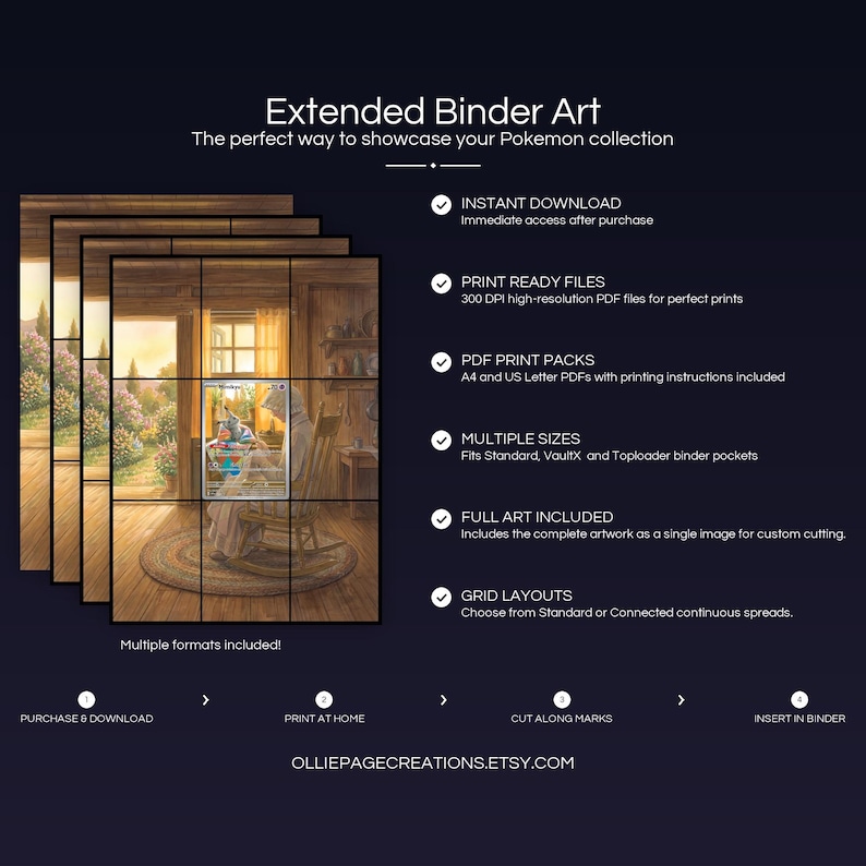 Product feature overview for Mimikyu extended binder art — 300 DPI print-ready files, multiple sizes and grid layouts, instant digital download