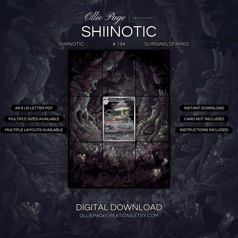 Shiinotic 194/191 extended art binder page in a Atmospheric underground cavern with bioluminescent fungi, moss-covered stone formations, purple and green glowing lighting, mystical forest environment., printable 9-pocket TCG display insert by Ollie Page Creations