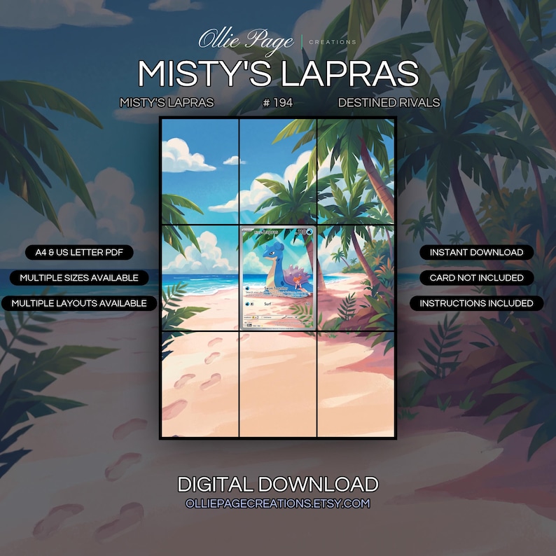 Misty's Lapras 194/182 extended art binder page in a Vibrant tropical beach scene with turquoise ocean, white sandy shore, palm trees, fluffy clouds, and bright blue sky creating a serene, idyllic coastal atmosphere., printable 9-pocket TCG display insert by Ollie Page Creations