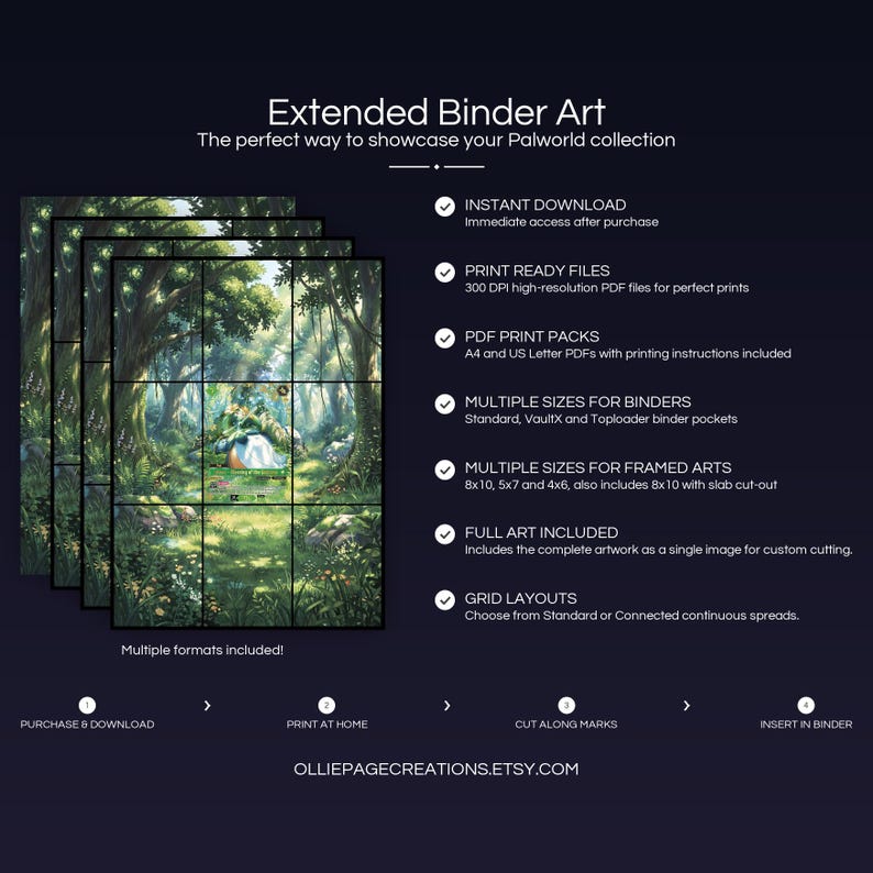 Collector bundle feature overview for Lyleen extended binder art — binder page grids plus 8x10, 5x7, 4x6 and PSA-style framed prints, 300 DPI instant digital download