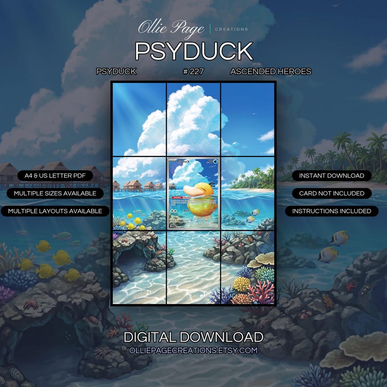 Psyduck 227/217 extended art binder page in a Vibrant tropical underwater scene with brilliant blue water