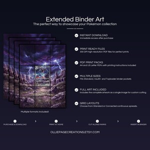 Product feature overview for Hydreigon EX extended binder art — 300 DPI print-ready files, multiple sizes and grid layouts, instant digital download