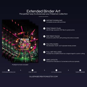 Product feature overview for Mega Lopunny EX extended binder art — 300 DPI print-ready files, multiple sizes and grid layouts, instant digital download