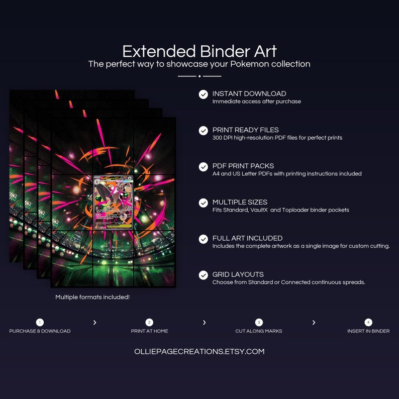 Product feature overview for Mega Lopunny EX extended binder art — 300 DPI print-ready files, multiple sizes and grid layouts, instant digital download