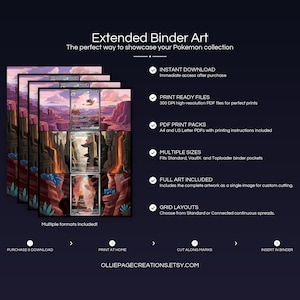Product feature overview for Charizard Evolution extended binder art — 300 DPI print-ready files, multiple sizes and grid layouts, instant digital download
