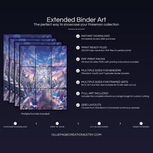 Collector bundle feature overview for N's Reshiram extended binder art — binder page grids plus 8x10, 5x7, 4x6 and PSA-style framed prints, 300 DPI instant digital download