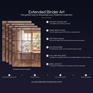 Product feature overview for Cinccino extended binder art — 300 DPI print-ready files, multiple sizes and grid layouts, instant digital download