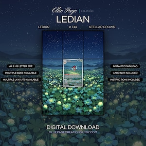 Ledian 144/142 extended art binder page in a Enchanting nighttime meadow filled with glowing luminescent flowers, starlit sky, misty mountains, and serene lakeside landscape beneath moonlight., printable 9-pocket TCG display insert by Ollie Page Creations
