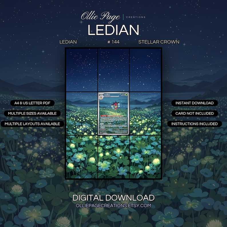 Ledian 144/142 extended art binder page in a Enchanting nighttime meadow filled with glowing luminescent flowers, starlit sky, misty mountains, and serene lakeside landscape beneath moonlight., printable 9-pocket TCG display insert by Ollie Page Creations