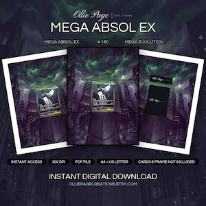 Mega Absol EX 180/132 collector bundle — extended binder page plus 8x10 full-art and PSA framed prints in a Dramatic twilight cityscape featuring towering skyscrapers, purple-blue night sky, illuminated windows, and stone monument architecture under
