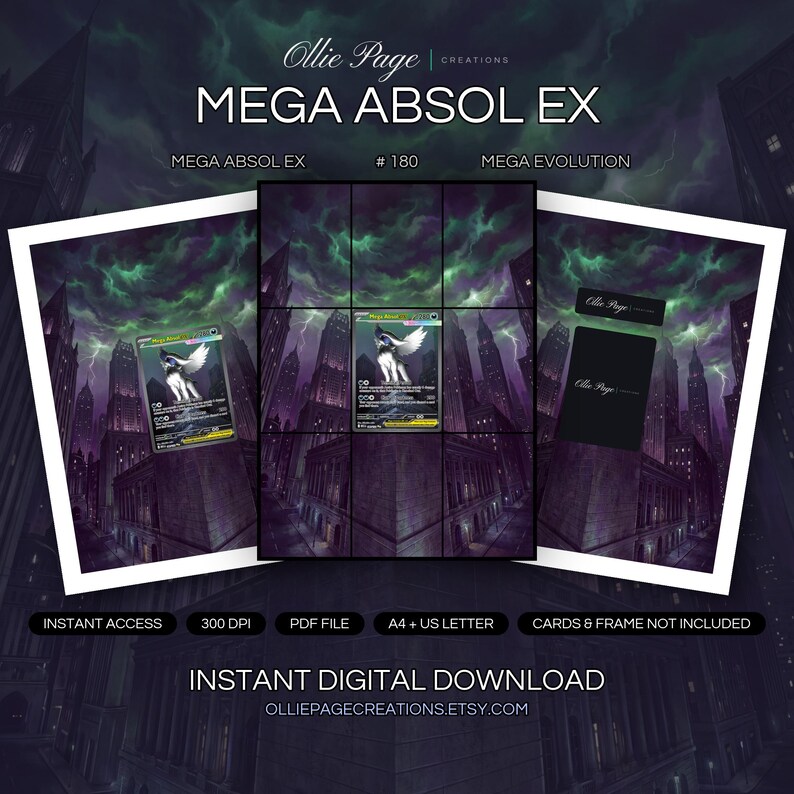 Mega Absol EX 180/132 collector bundle — extended binder page plus 8x10 full-art and PSA framed prints in a Dramatic twilight cityscape featuring towering skyscrapers, purple-blue night sky, illuminated windows, and stone monument architecture under