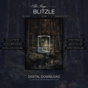Blitzle 195/182 extended art binder page in a Moody birch forest at dusk with dark water stream, golden autumn foliage, misty atmosphere, and dramatic woodland landscape lighting., printable 9-pocket TCG display insert by Ollie Page Creations