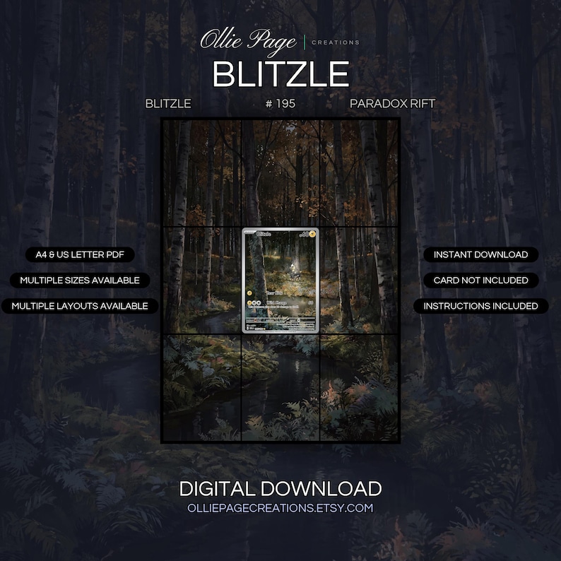 Blitzle 195/182 extended art binder page in a Moody birch forest at dusk with dark water stream, golden autumn foliage, misty atmosphere, and dramatic woodland landscape lighting., printable 9-pocket TCG display insert by Ollie Page Creations