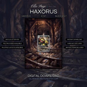 Haxorus 147/086 extended art binder page in a Atmospheric underground mine tunnel with wooden support beams, rocky stone walls, railroad tracks, warm golden lighting, and industrial decay creating a moody cavern environment., printable 9-pocket TCG display insert by Ollie Page Creations