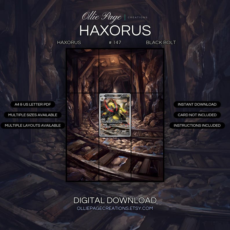 Haxorus 147/086 extended art binder page in a Atmospheric underground mine tunnel with wooden support beams, rocky stone walls, railroad tracks, warm golden lighting, and industrial decay creating a moody cavern environment., printable 9-pocket TCG display insert by Ollie Page Creations