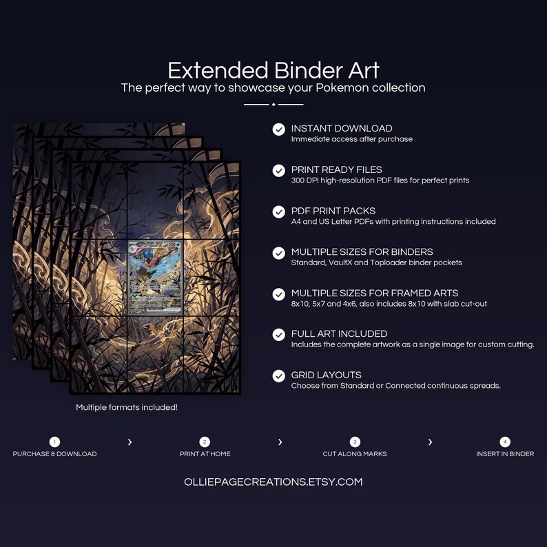 Collector bundle feature overview for Greninja EX extended binder art — binder page grids plus 8x10, 5x7, 4x6 and PSA-style framed prints, 300 DPI instant digital download
