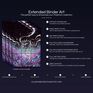 Collector bundle feature overview for Xerneas extended binder art — binder page grids plus 8x10, 5x7, 4x6 and PSA-style framed prints, 300 DPI instant digital download