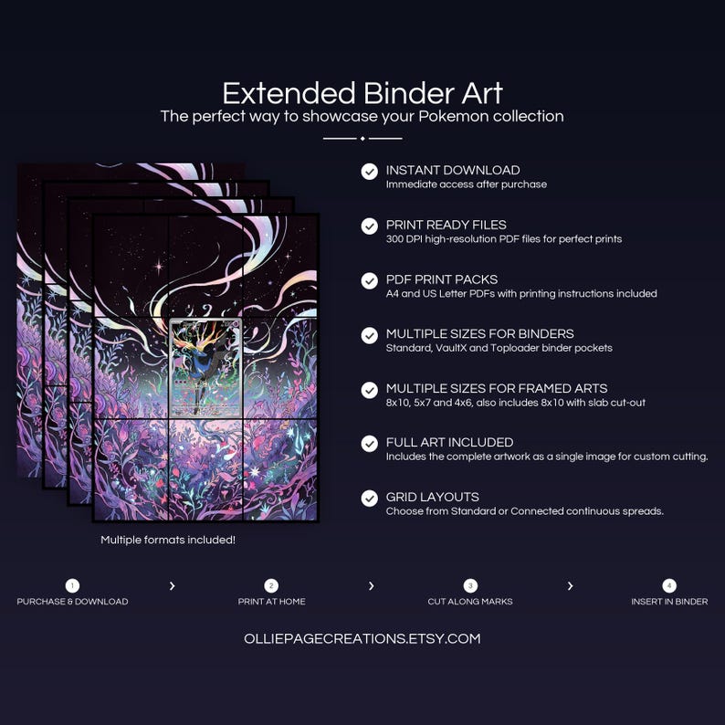 Collector bundle feature overview for Xerneas extended binder art — binder page grids plus 8x10, 5x7, 4x6 and PSA-style framed prints, 300 DPI instant digital download