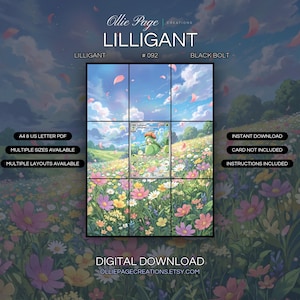 Lilligant 092/086 extended art binder page in a Vibrant wildflower meadow under brilliant blue sky with fluffy white clouds, pink petals floating in magical light, lush green landscape., printable 9-pocket TCG display insert by Ollie Page Creations
