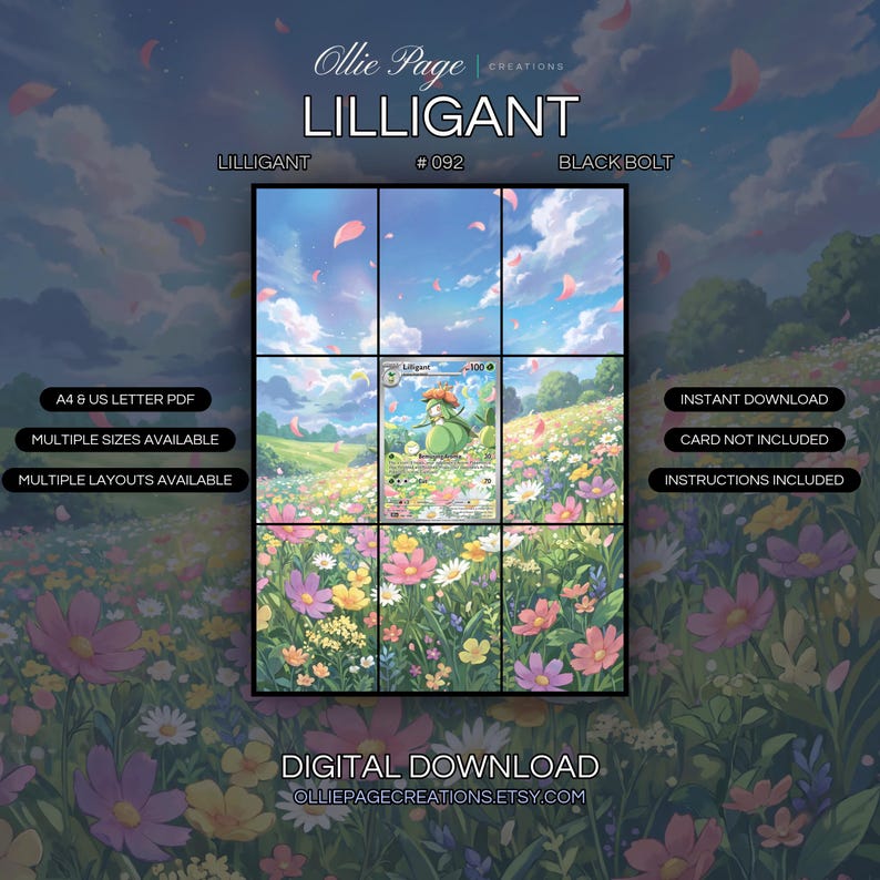 Lilligant 092/086 extended art binder page in a Vibrant wildflower meadow under brilliant blue sky with fluffy white clouds, pink petals floating in magical light, lush green landscape., printable 9-pocket TCG display insert by Ollie Page Creations