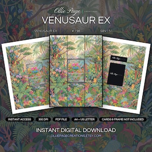 Venusaur EX 198/165 collector bundle — extended binder page plus 8x10 full-art and PSA framed prints in a Vibrant tropical jungle landscape with lush layered foliage, colorful flowering plants, palm trees, and warm golden sunlight filtering through dense vegetation creating atmospheric depth., printable digital download by Ollie Page Creations