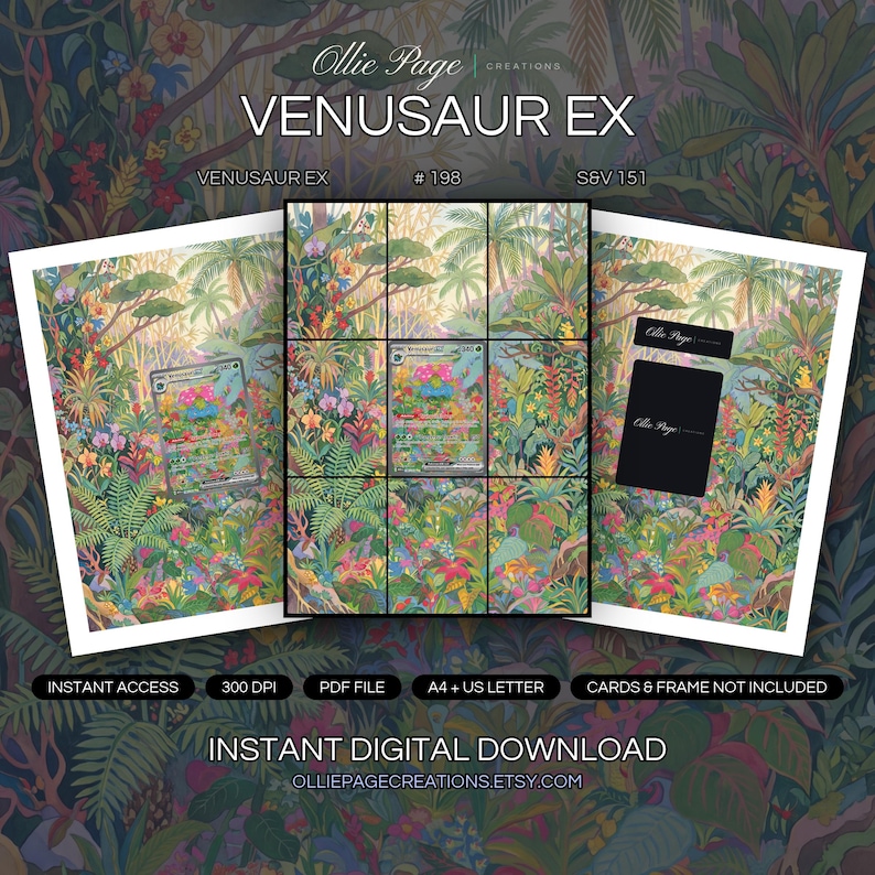 Venusaur EX 198/165 collector bundle — extended binder page plus 8x10 full-art and PSA framed prints in a Vibrant tropical jungle landscape with lush layered foliage, colorful flowering plants, palm trees, and warm golden sunlight filtering through dense vegetation creating atmospheric depth., printable digital download by Ollie Page Creations