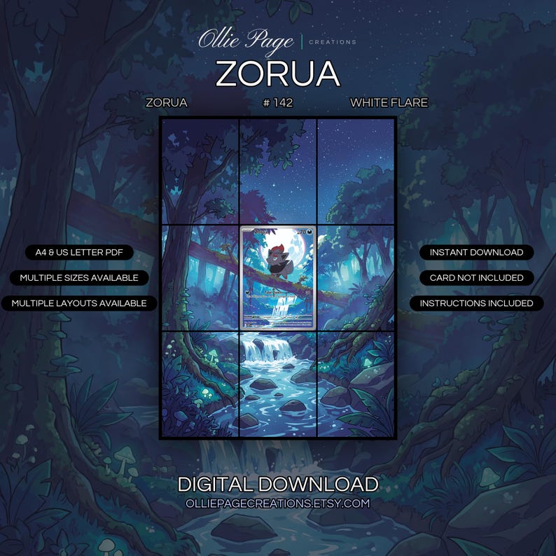Zorua 142/086 extended art binder page in a Mystical forest landscape with moonlit waterfall, cascading streams, bioluminescent flora, ancient trees, and starry night sky in ethereal blue and teal tones., printable 9-pocket TCG display insert by Ollie Page Creations
