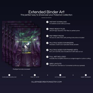 Collector bundle feature overview for Mega Absol EX extended binder art — binder page grids plus 8x10, 5x7, 4x6 and PSA-style framed prints, 300 DPI instant digital download