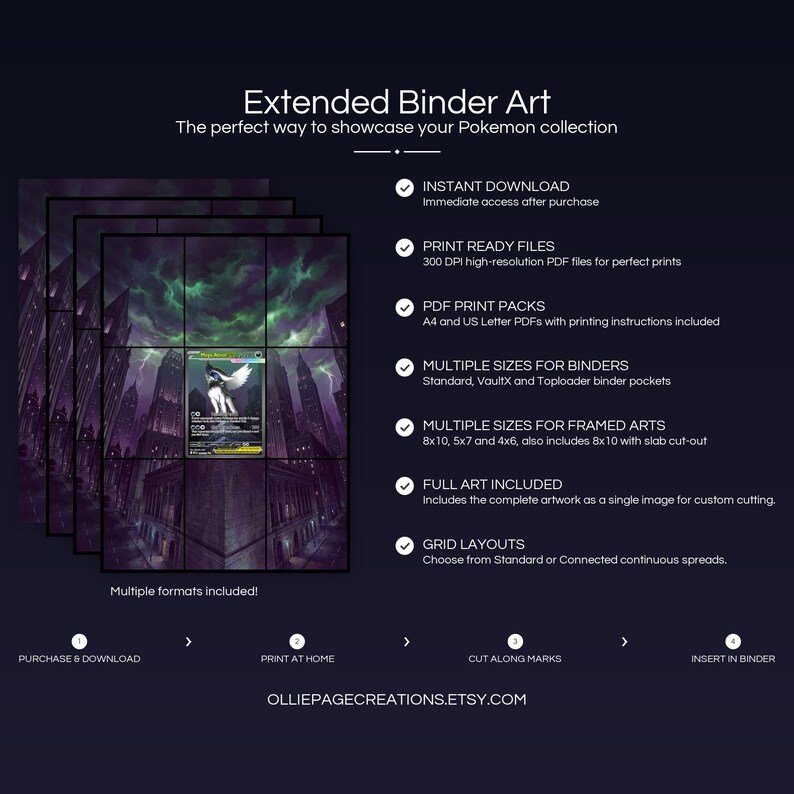 Collector bundle feature overview for Mega Absol EX extended binder art — binder page grids plus 8x10, 5x7, 4x6 and PSA-style framed prints, 300 DPI instant digital download