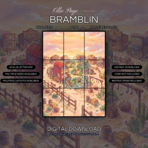 Bramblin 198/193 extended art binder page in a Warm golden sunset illuminates a rustic Western desert town with wooden buildings, fenced corrals, cacti, and sandy terrain beneath peachy clouds., printable 9-pocket TCG display insert by Ollie Page Creations