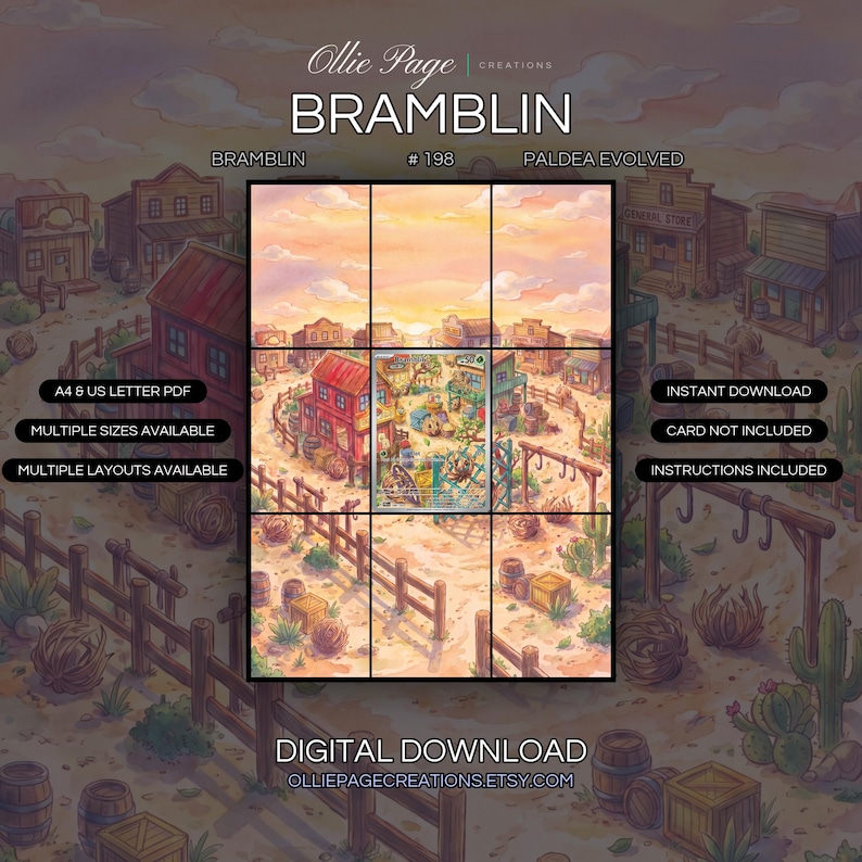 Bramblin 198/193 extended art binder page in a Warm golden sunset illuminates a rustic Western desert town with wooden buildings, fenced corrals, cacti, and sandy terrain beneath peachy clouds., printable 9-pocket TCG display insert by Ollie Page Creations