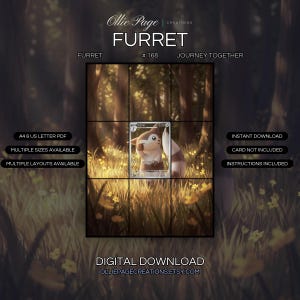 Furret 168/159 extended art binder page in a Warm, atmospheric forest scene with golden sunlight filtering through tall trees, lush grass, and scattered yellow flowers creating a serene, enchanted woodland setting., printable 9-pocket TCG display insert by Ollie Page Creations