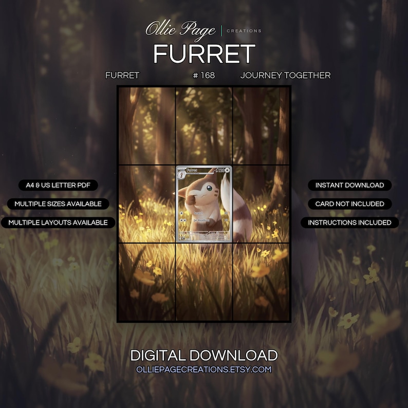 Furret 168/159 extended art binder page in a Warm, atmospheric forest scene with golden sunlight filtering through tall trees, lush grass, and scattered yellow flowers creating a serene, enchanted woodland setting., printable 9-pocket TCG display insert by Ollie Page Creations