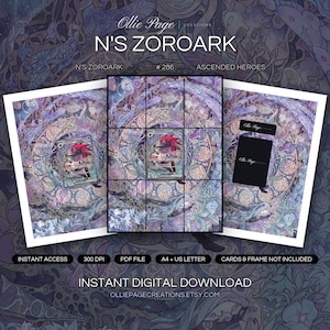 N's Zoroark 286/217 collector bundle — extended binder page plus 8x10 full-art and PSA framed prints in a Ethereal purple and lavender ornamental garden with intricate floral patterns