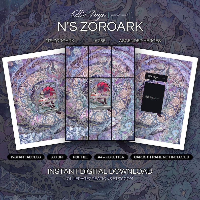 N's Zoroark 286/217 collector bundle — extended binder page plus 8x10 full-art and PSA framed prints in a Ethereal purple and lavender ornamental garden with intricate floral patterns