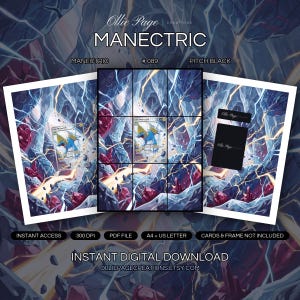 Manectric 089/084 collector bundle — extended binder page plus 8x10 full-art and PSA framed prints in a Dramatic crystalline cavern illuminated by electric blue and golden lightning bolts